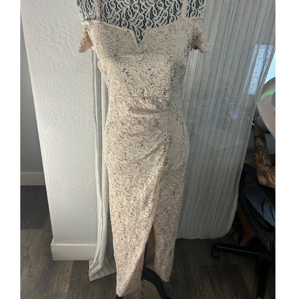 Candie's Petite Lace Off Shoulder Bodycon Midi Dress Womens PS Champagne Formal
